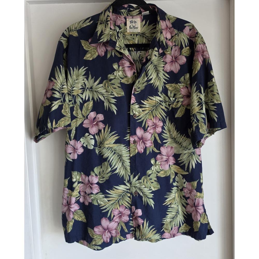 Pau Hana Men's Floral Short Sleeve Shirt L Navy Pink Green Resort Camp